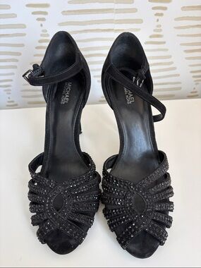 Michael Kors Black Crystal-Strap Peep-Toe Ankle Heels